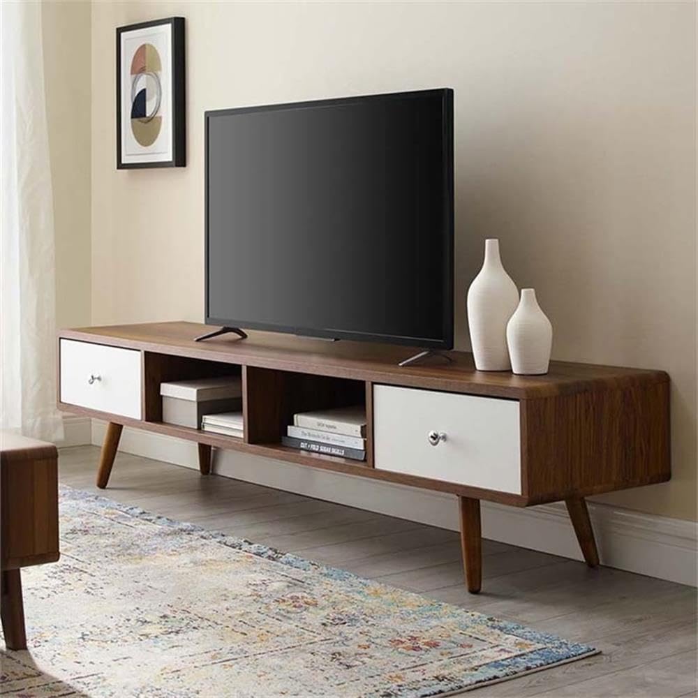 Sleek 70'' Walnut White Media Console with Cabinet Storage