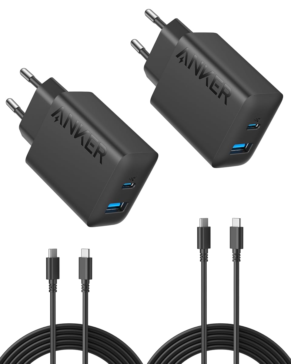 Anker ładowarka USB-C, 20 W, kabel USB-C 150 cm | szybkie ładowanie przez 2 porty, do iPhone z serii 17/16/15, Galaxy, i
