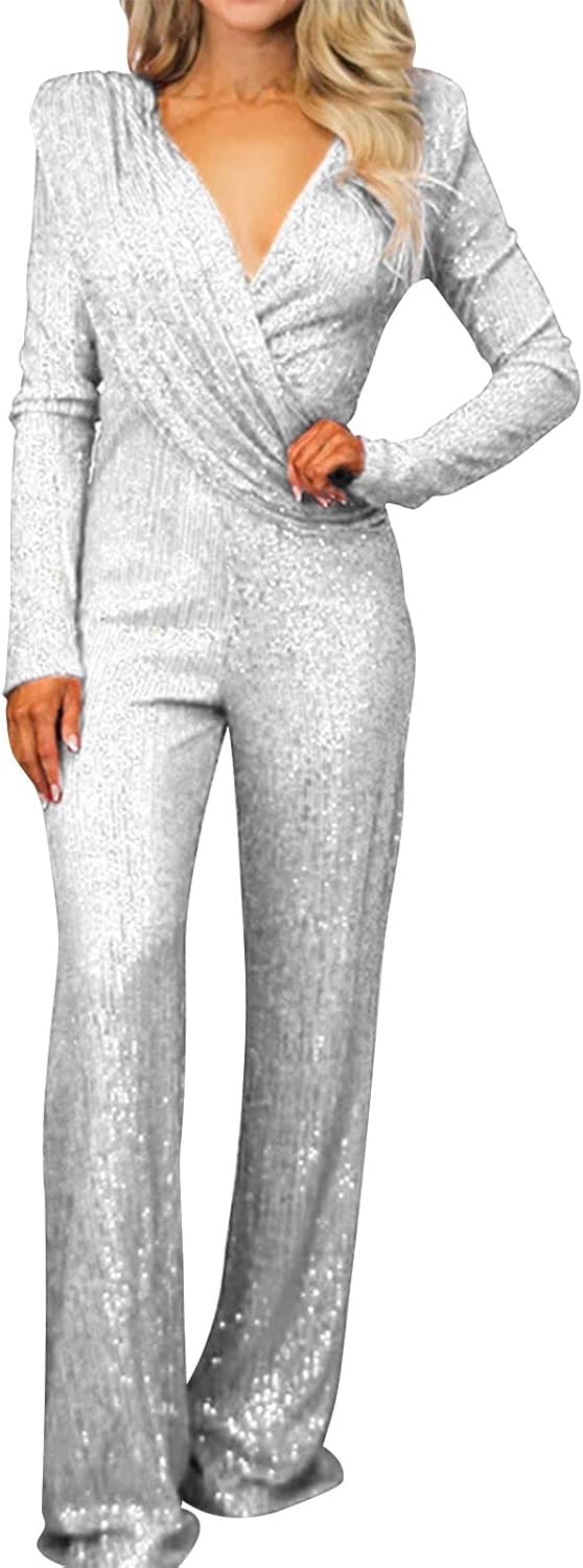 JOAU Sparkly Sequin Jumpsuits for Women Dressy Formal Long Sleeve Party Rompers Wrap V Neck Wide Leg Pants One Piece Outfits