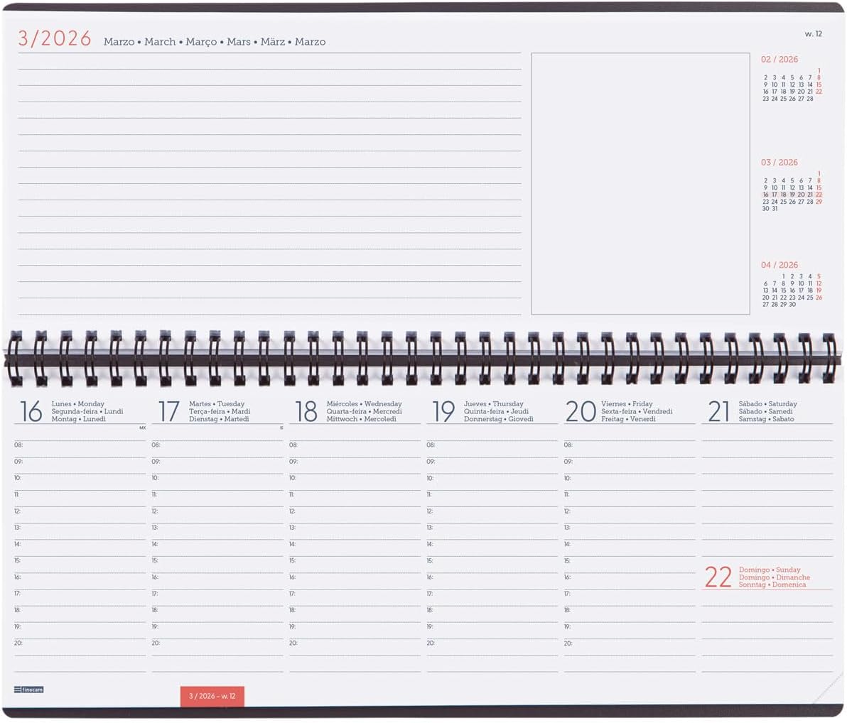 Finocam – Diary Planner + Notes Week to View 2026 Week View + Notes January 2026 – December 2026 (12 months) Grey International
