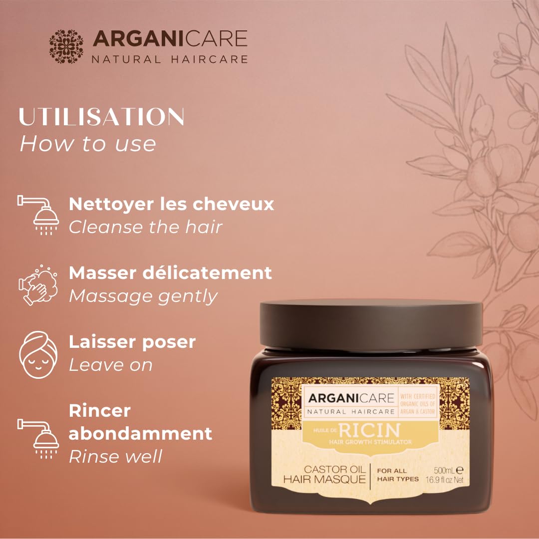 ARGANICARE Masque Cheveux Huile de Ricin Bio & Argan 500 ml – Soin Hydratant Réparateur pour Cheveux Secs et Abîmés, Anti-Casse, Aide à la Pousse, Brillance & Douceur