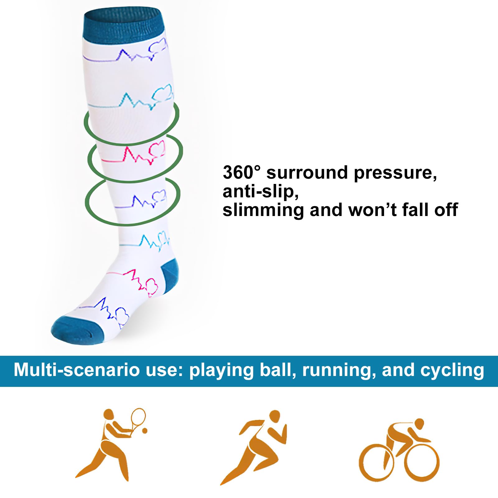 Lot de 5 paires de chaussettes de compression pour homme et femme - Chaussettes de contention sportives colorées - Chaussettes de compression - Respirantes - Pour la course, le cyclisme et les voyages