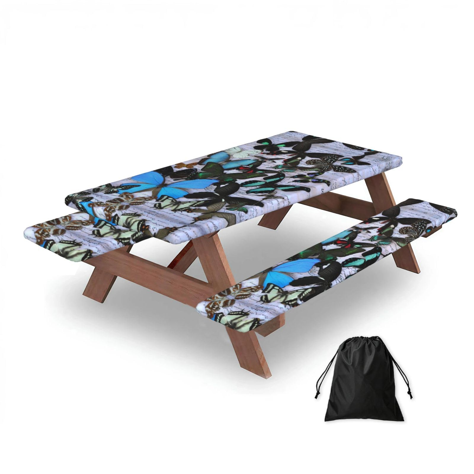 ESNAIUVCD Butterfly Print Picnic Table Cover With Bench Covers,Camping Essentials,Fitted Tablecloth Cover With Elastic Edge, For Indoor & Outdoor 3 Pcs