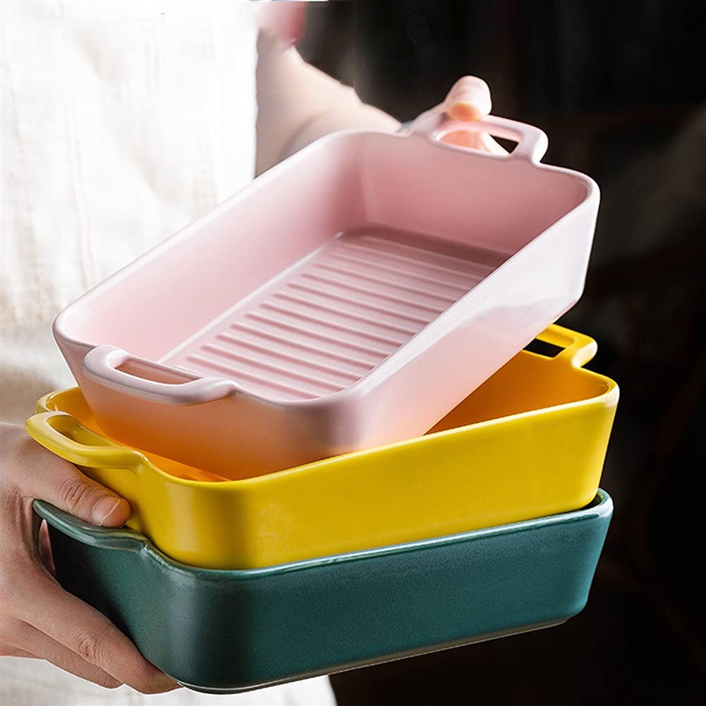 Fuente para Hornear Cerámica de 2 piezas Cerámica, pan para hornear, plato de hornear rectangular con doble manija, plato para hornear para cena de pastel, cocina, series de textura, 9.5 / 10 pulgadas