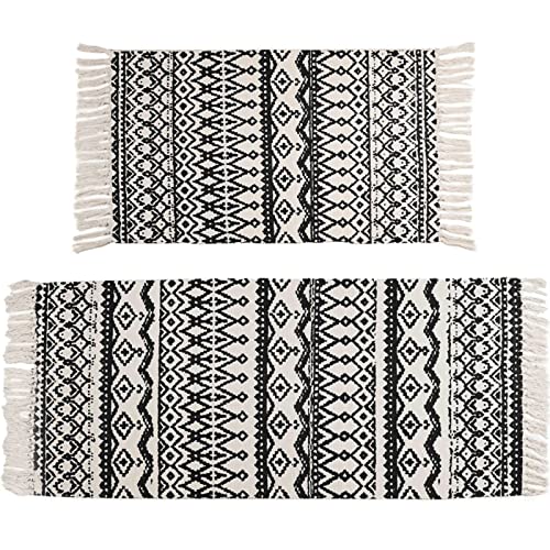 Nicunom 2 Piece Boho Bathroom Rug, 2'X4.2'+2'X3' Geometric Bath Mat, Woven Cotton Rug With Tassels Farmhouse Runner Rugs Machine Washable Boho Carpet For Living Room Kitchen Floor Laundry Room #TOP26