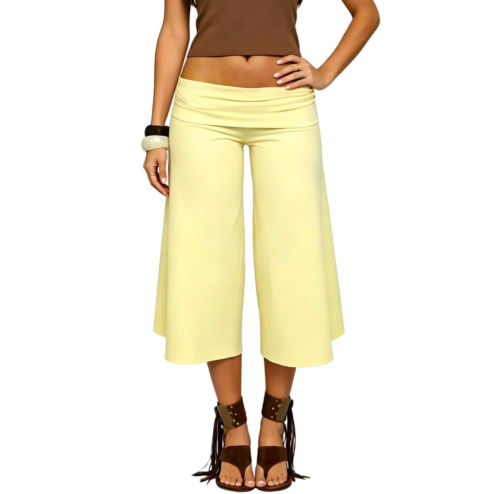 Argeousgor Women Y2K Fold Over Lounge Capris Wide Leg Cropped Flowy Gaucho Pants Low Rise Stretch Casual Yoga Culottes Pant Regular