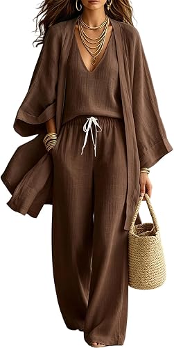 3 Piece Sets For Women Linen Fall Kimono Cardigan V Neck Top Wide Leg Pant