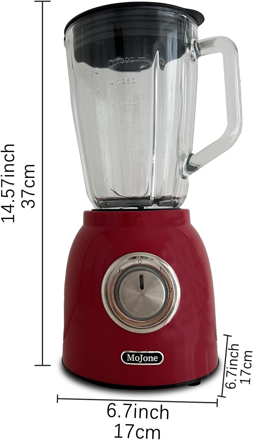 Powerful Kitchen blender, Ice Crusher Mixer, 1.5LG 50oz Glass Jar, 6 pieces 304 stainless steel blades,21000RPM high speed,ABS Body safely blending with longer lifespan (red)