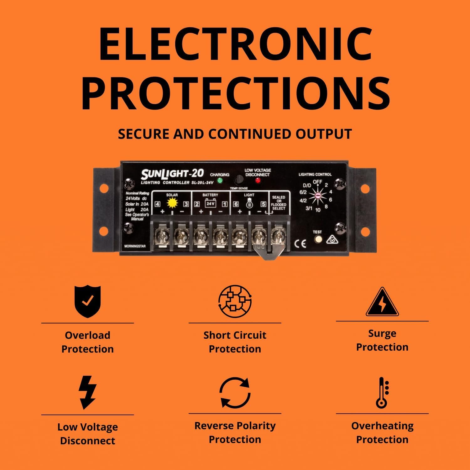 Morningstar Sunlight 20A Solar Charge Controller (SL-20L-24V) - Solar Panel Regulator for 24 Volt Batteries, Lighting Ctrl, Easy Setup, Corrosion Resistant Terminals, 5 Year WTY - Designed in The USA