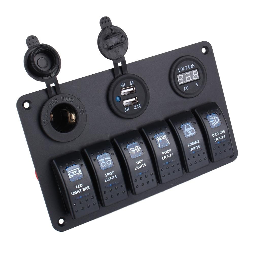 Pannello Interruttori a Bilanciere Marino, 6 Pulsanti LED Blu, 12-24V, Impermeabile, per Auto Camper Barca
