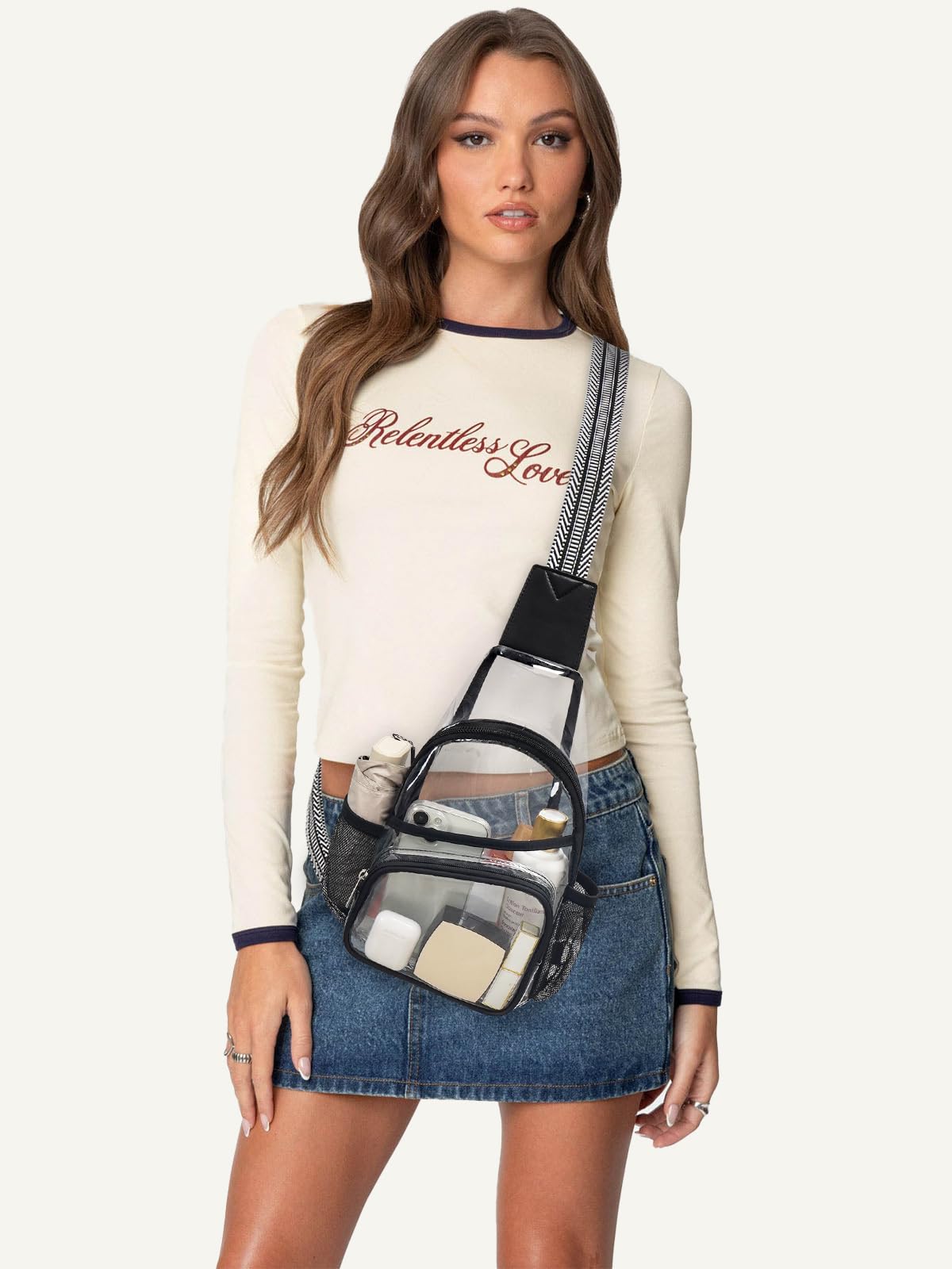 QOECI Clear Bag for Stadium Events, Clear Purses for Women Men, Large Stadium Bag with Water Bottle Holders, See Through Sling Backpack for Concert Sport Gym Travel, Black