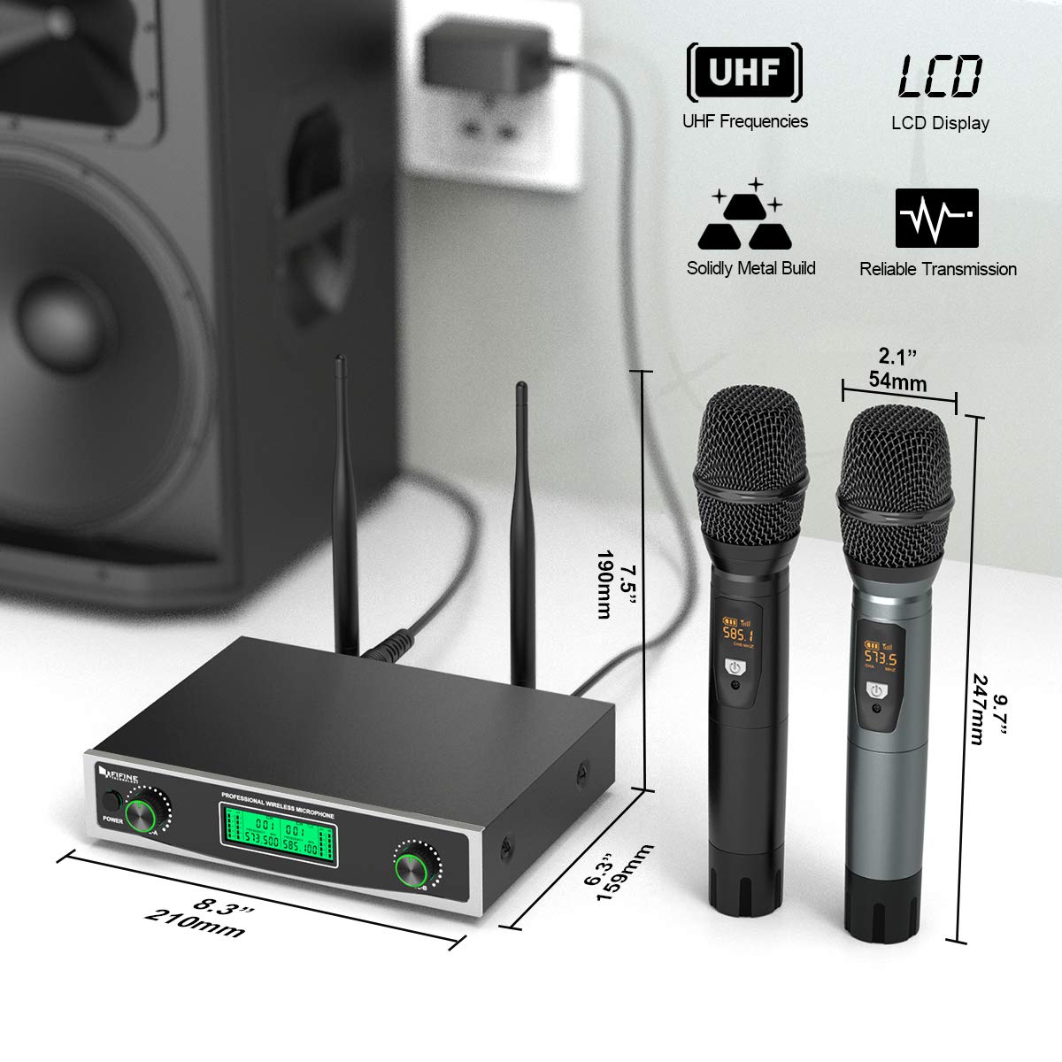 FIFINE K040 Wireless Microphone System, Two Handheld Dynamic Cordless Mic and Dual Channel Receiver, 50 Selectable UHF Frequency for Karaoke Singing Party,DJ,Wedding,School Presentation. 2