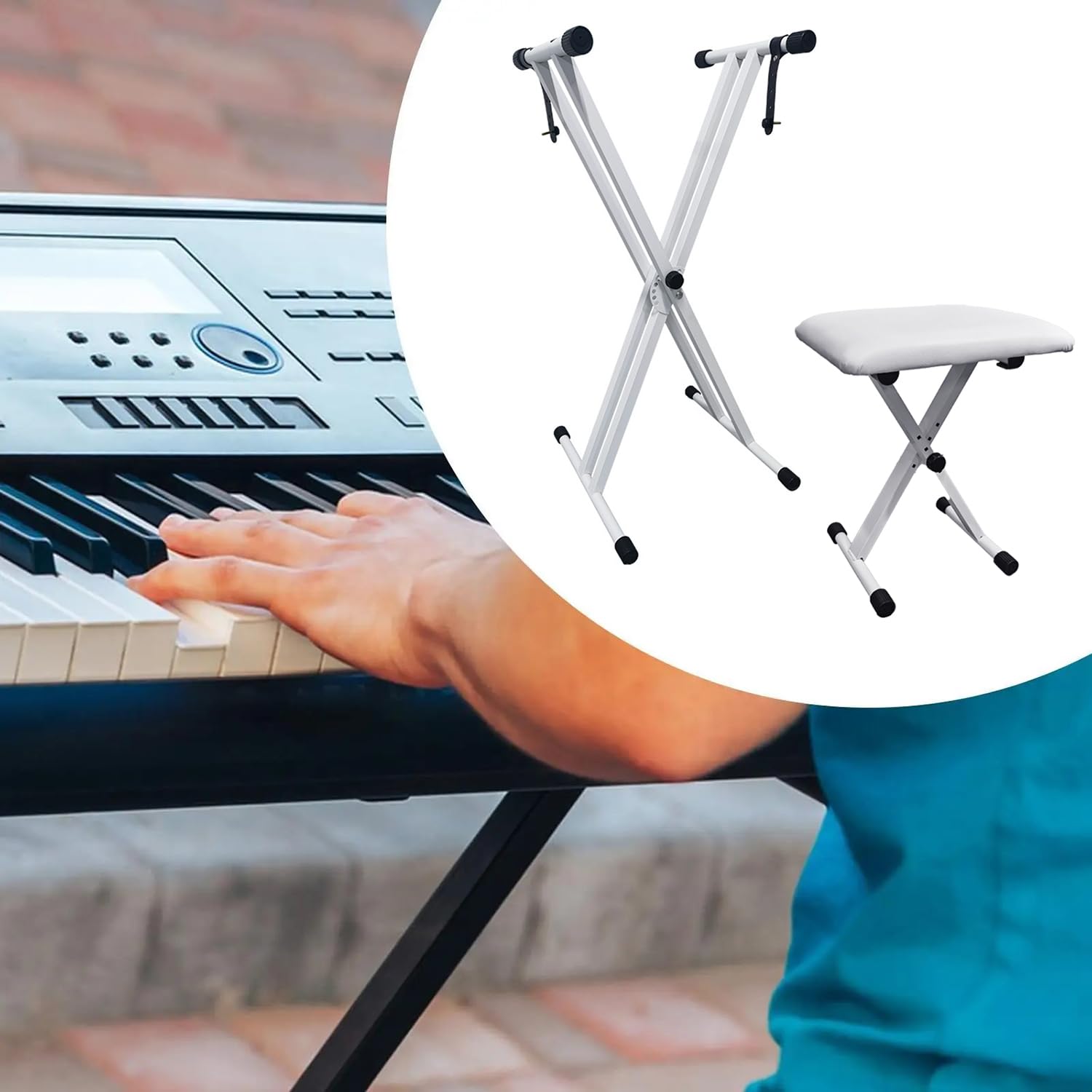 Keyboard Ständer mit Keyboard hocker,Zusammenklappbar Piano Ständer Set,X-Keyboardständer mit 7-Fach Höhenverstellbar & Klavierhocker mit 4-Fach Höhenverstellbar,Doppelrohrverstärkt,Für E-Piano(Weiß)