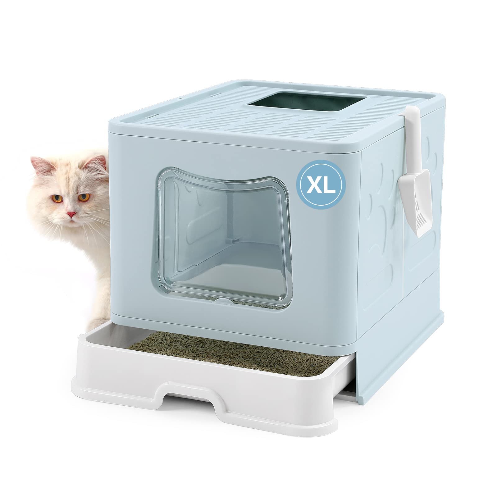 Bolux Foldable Cat Litter Box with Lid, Extra Large Litter Box with Cat Litter Scoop, Drawer Type Cat Litter Pan Easy to Scoop & Low Tracking (Blue XL)