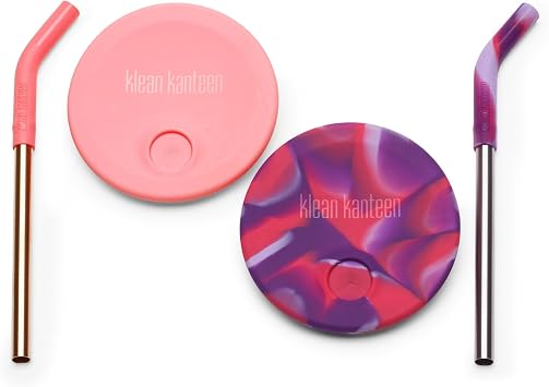 Klean Kanteen Kids Cup Straw Lid 2-Pack - Food-Grade Silicone Cup Lids with Reusable Drinking Straws - Pink Tie Dye Pack of 2