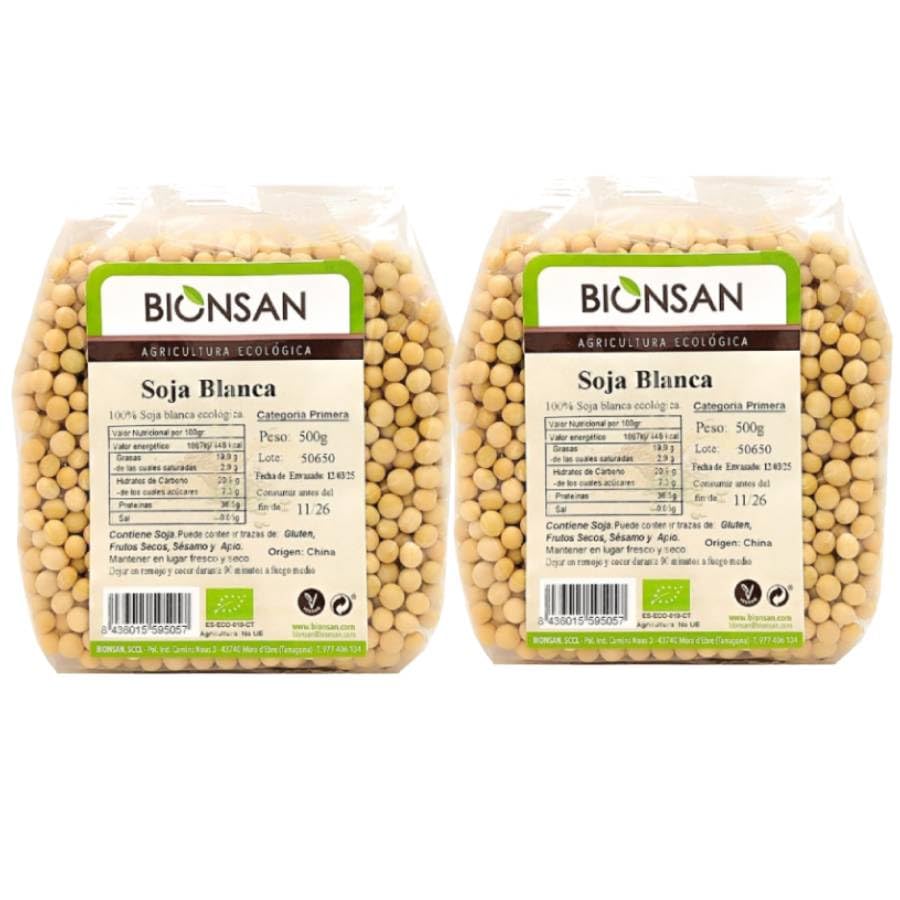 Pack 2 x Soja Blanca Bionsan Bio 500 g (1 kg total) – Soja ecológica seca, ideal para guisos y ensaladas, para hacer bebida vegetal y tofu casero, proteína vegetal, formato ahorro