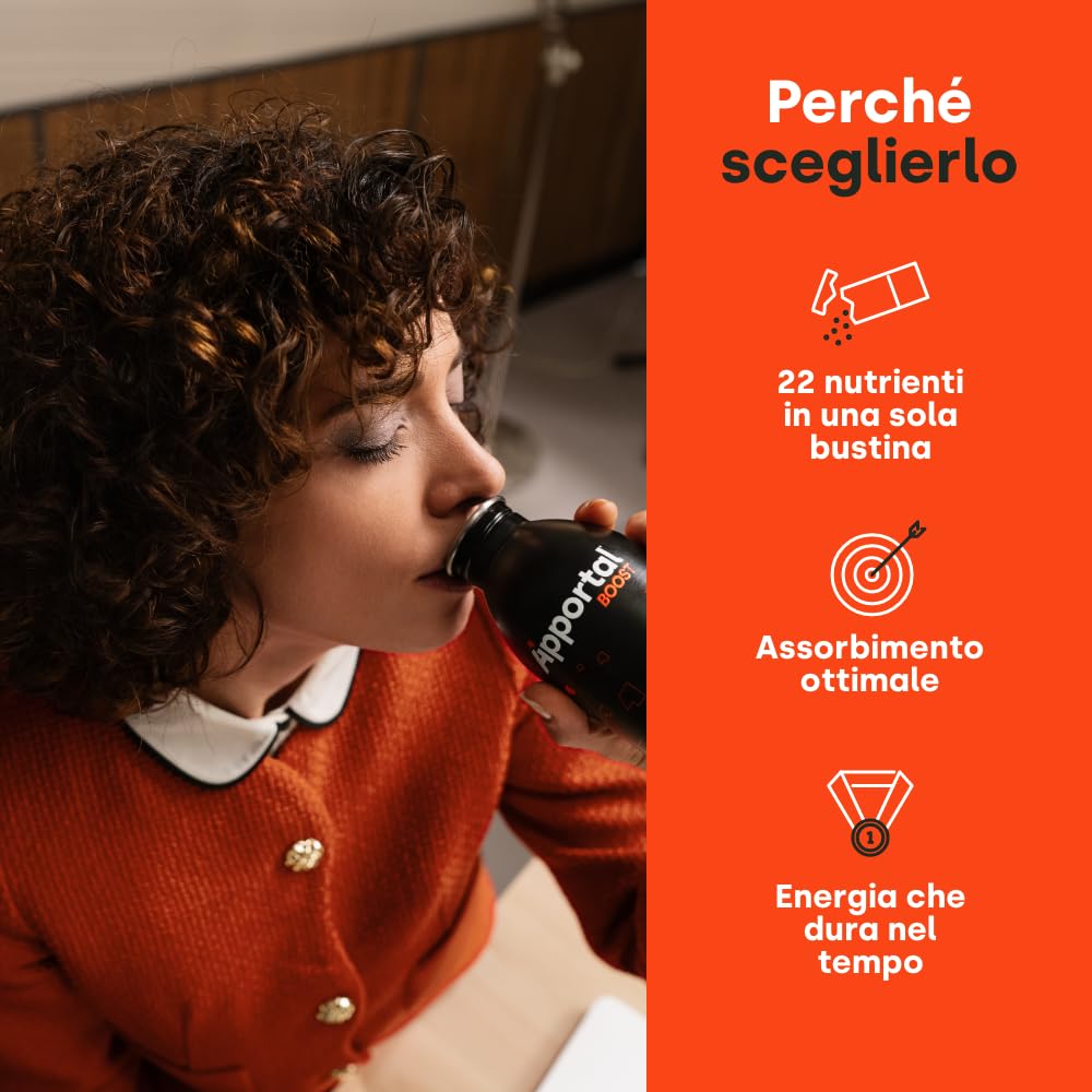 Apportal Boost, Integratore alimentare con Taurina, Ginseng e Vitamina B12, Sostegno mirato al benessere di mente e corpo nei periodi di maggiore impegno, Senza caffeina, 14+14 bustine