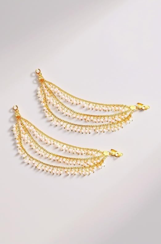 Champaswaralu Style Pearl Hair Chain Jhumka Earrings for Women & Girls | 3 Layer Ear Chain for Bridal Look | Gold Plated Kanoti with Moti | Traditional Jewellery