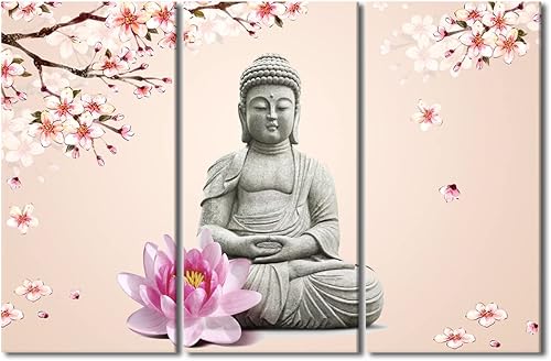 Vista 15 de TUMOVO Wall Art for Living Room Buddha Sculpture Flower Paintings Canvas Wall Art 3 Panel Wall Art Canvas Artwork Wall Decor Large Wall Decor Canvas