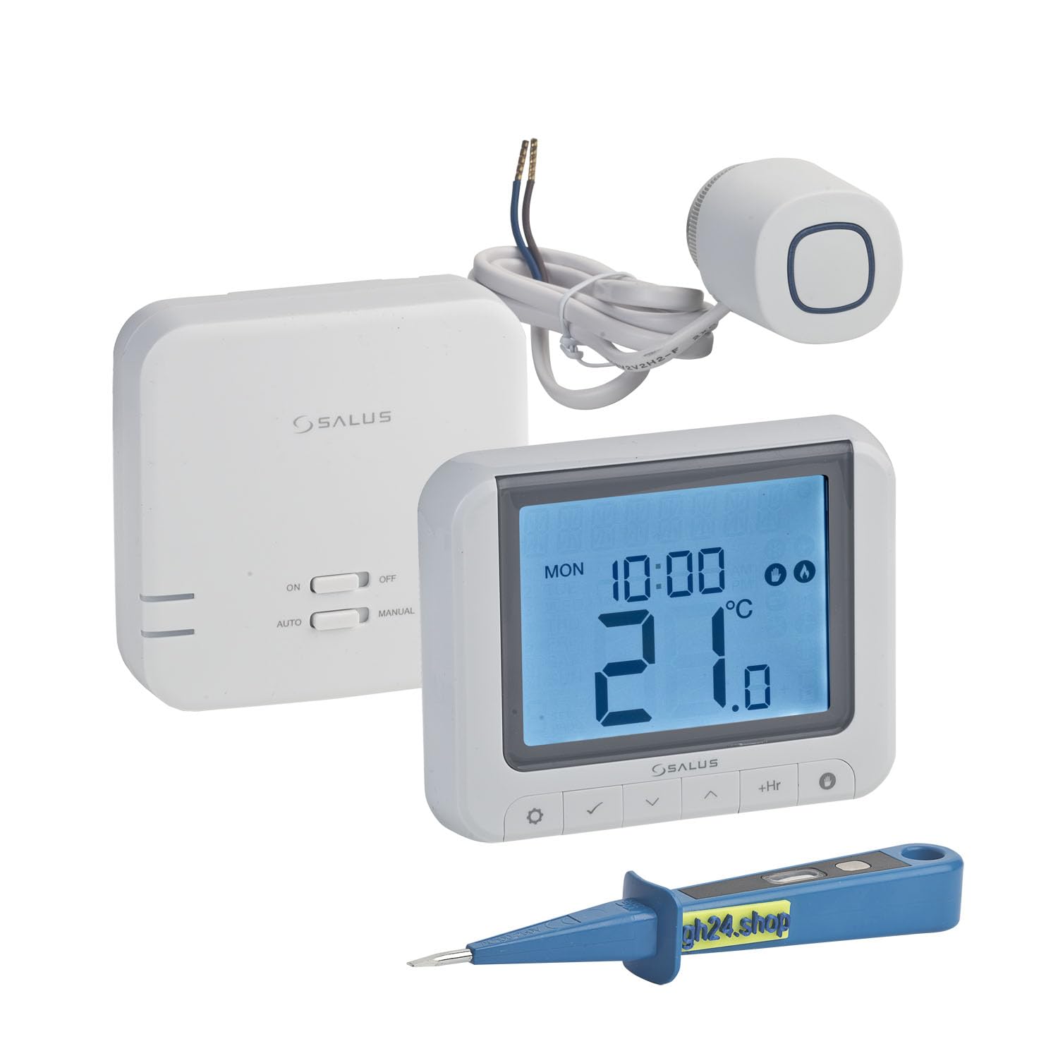 SALUS Controls Heizung Einzelraumregelung Digitaler Funk Raumthermostat mit Empfänger, 1x Stellantrieb und 1x gh24 Phasenprüfer