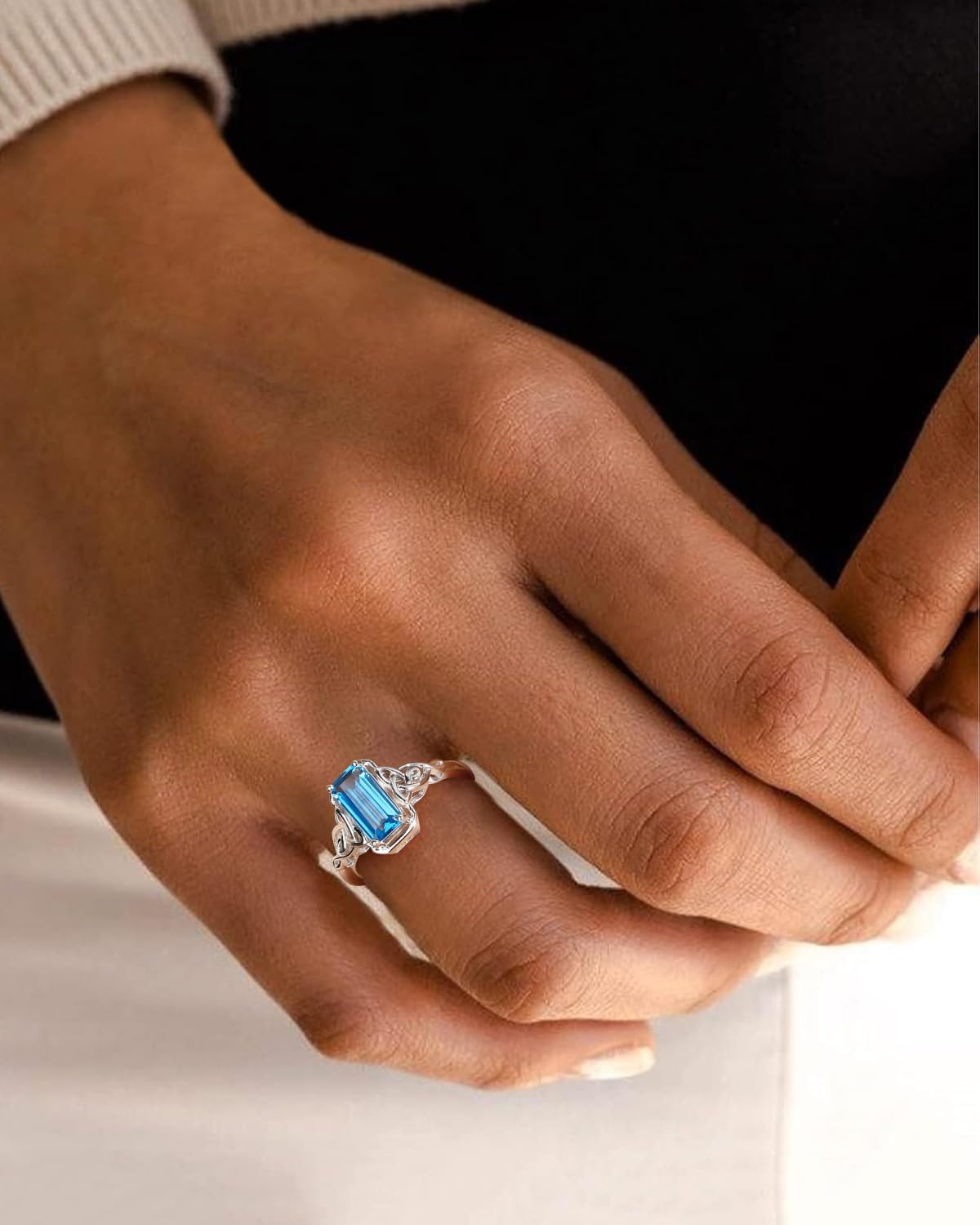 DAYBYDAY Celtic Birthstone Rings for Women, 925 Sterling Silver/18K Gold Plated Emerald Cut Celtic Knot Engagement Wedding Ring, Square Created Gemstone Promise Rings for Her Size 6-10 - Image 3