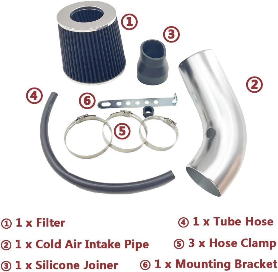 3" Universal Cold Air Intake Kit Intake Pipe Kit Aluminium Automotive Air Intake Air Filter Induction Flow Hose Pipe Kit Silver Tube