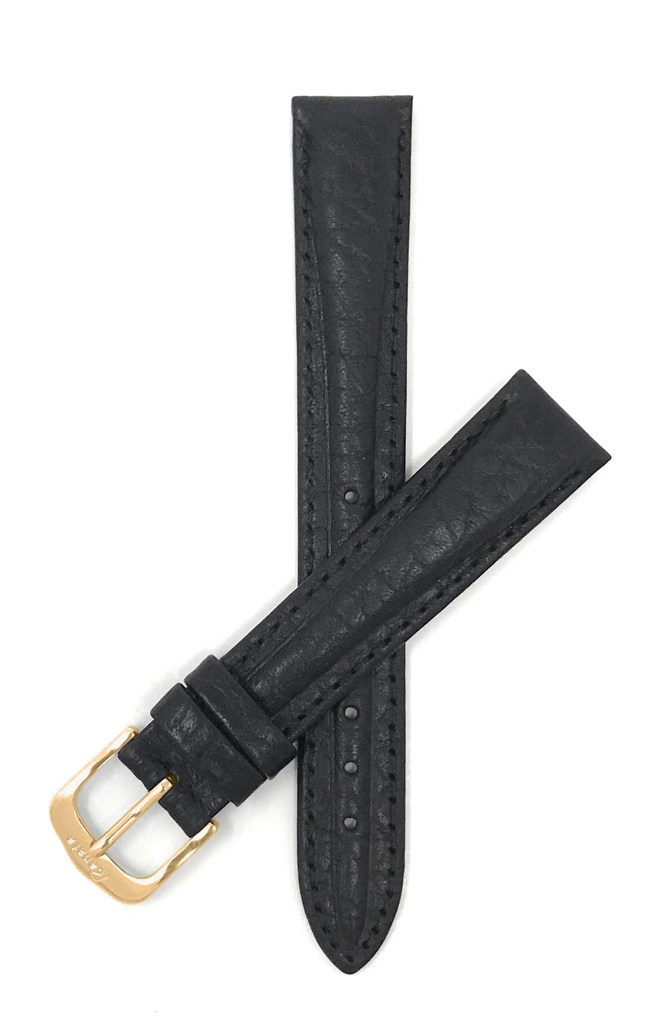 Bandini 16mm Womens Black Leather Watch Band Strap, Grained, Center Padded, Stitching, Thin, Slim - Gold Buckle