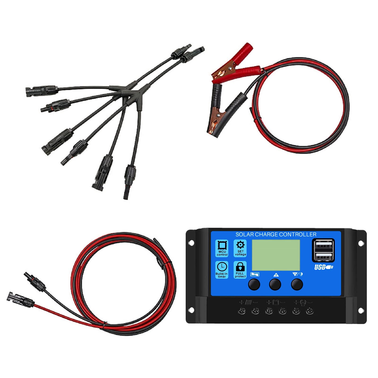 YINGGIANG 30A 12V/24V Controlador de carga solar Controlador inteligente de batería de panel solar con puertos USB duales de 5V Pantalla LCD suministrada con cable PV y cable de clip de batería (30A)