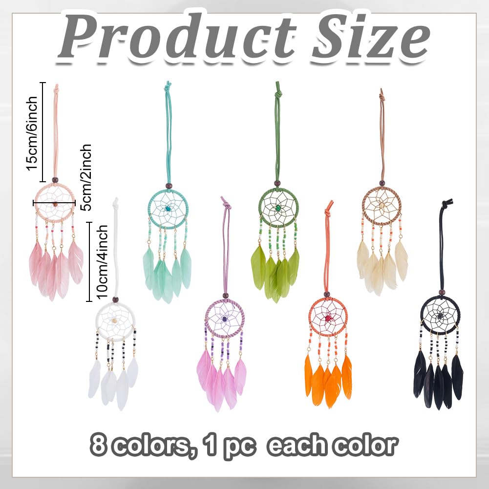 WEBEEDY 8 Couleurs Attrape Rêves de Petite Taille pour Décorer Le Rétroviseur de la Voiture Attrape Rêves Fait Main avec Pendentif Plume et Perles pour Voiture Chambre Décor de Maison 27cm Longueur