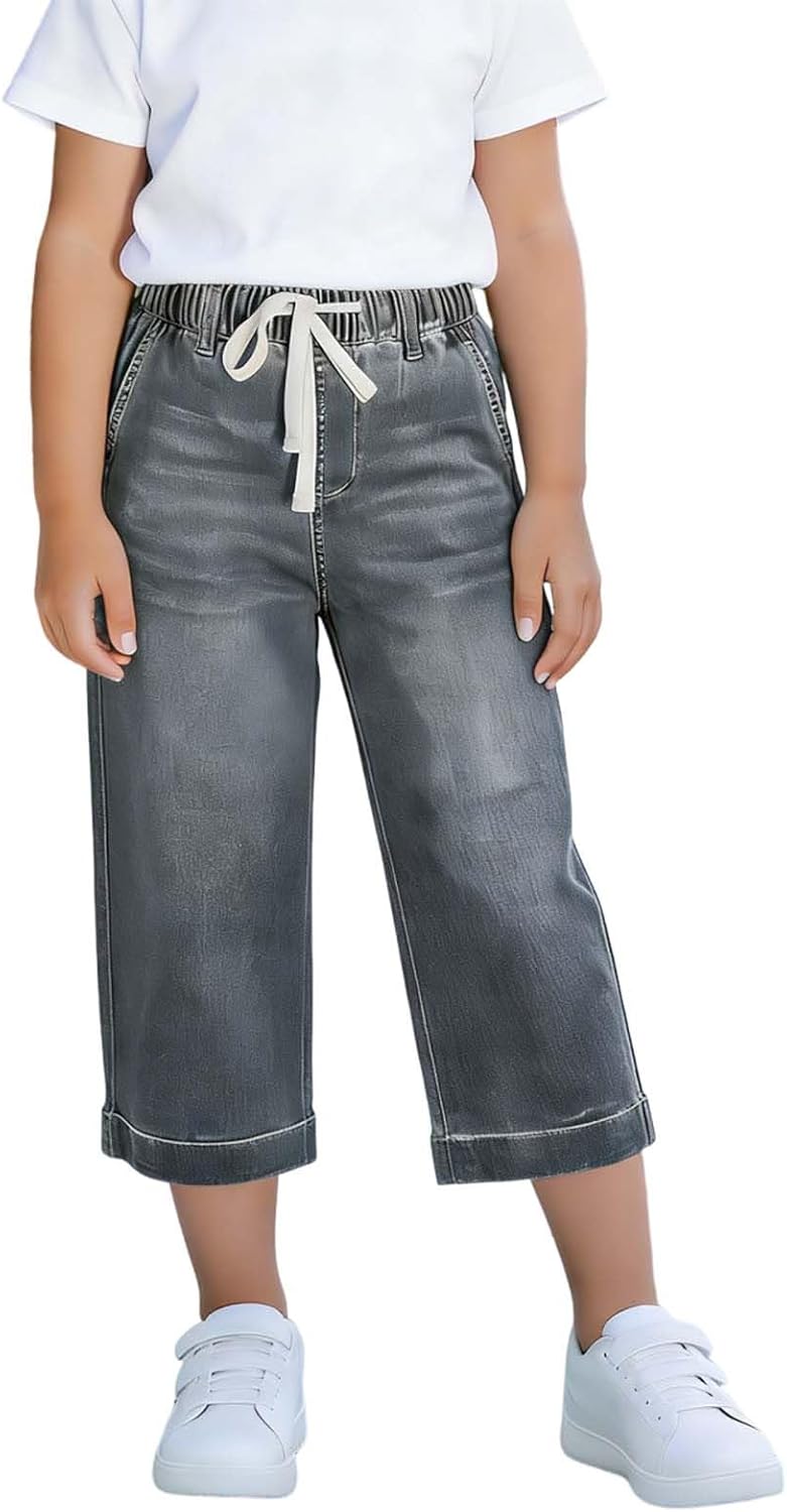Toddler Baby Girls Straight Leg Jeans Stretch Casual Elastic High Waistd Summer Cropped Denim Pants for 1-10 Years