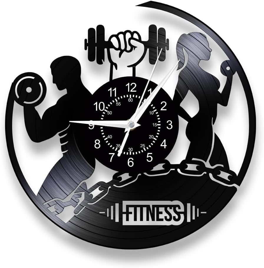 Gym Clock Wall Decor, 12 Inch Vinyl Record Wall Clock Battery Operated, Silent Quartz Non Ticking Modern Decorative Analog Wall Clock Watch for Fitness Room Fitness Center Bodybuilder Gifts