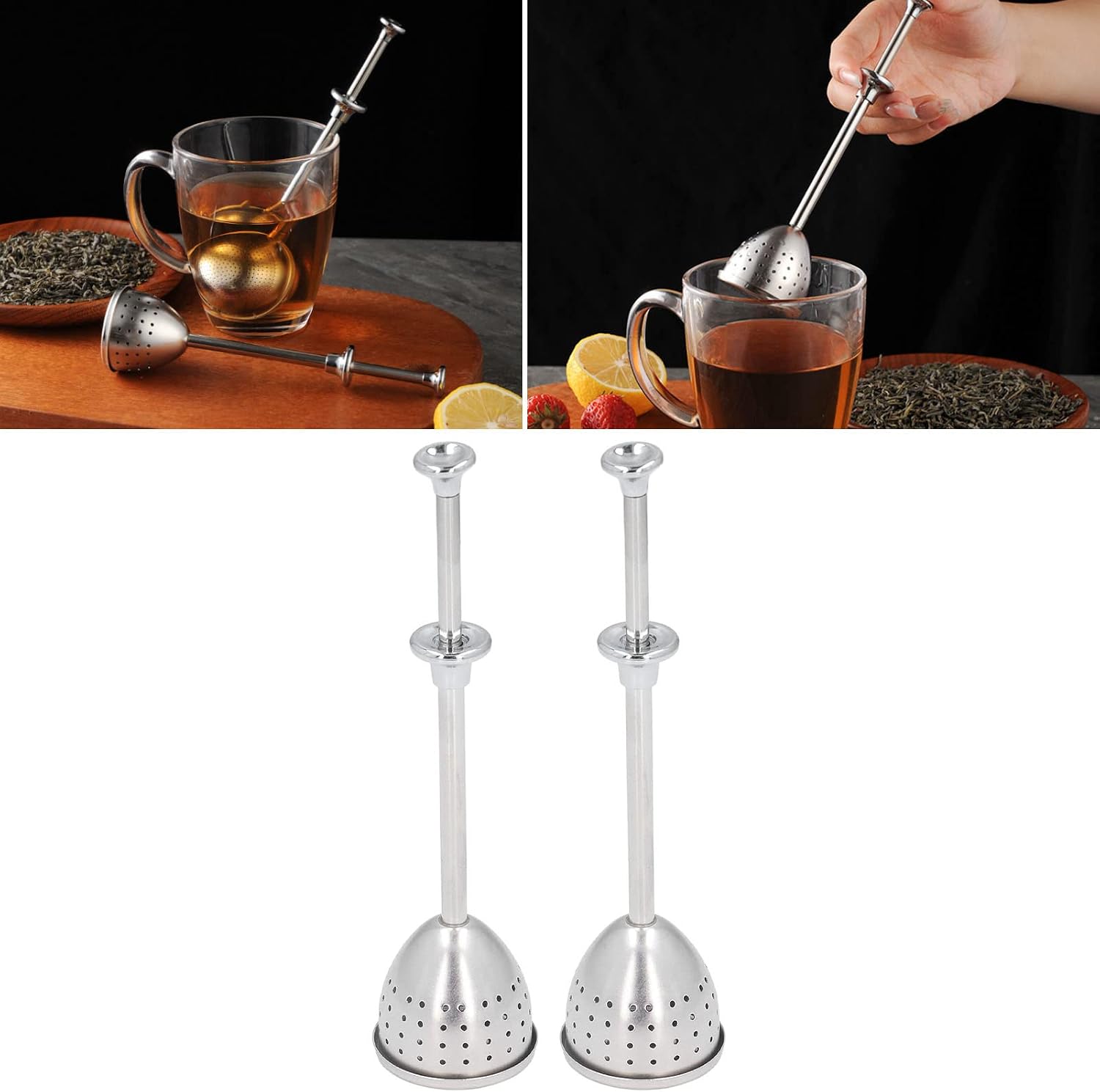 VINGVO 2Pcs Tea Strainer, Long Handle Stainless Steel Infuser Filter, Reusable Teapot Interval Diffuser for Loose Leaf Tea Brewing At Home Office Trav