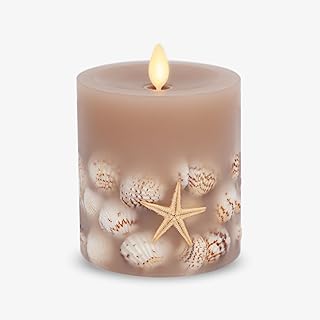 Luminara Timeless Taupe Flameless Candle Seashell and Starfish Embedded Moving Flame Pillar Unscented Real Wax with Recess...