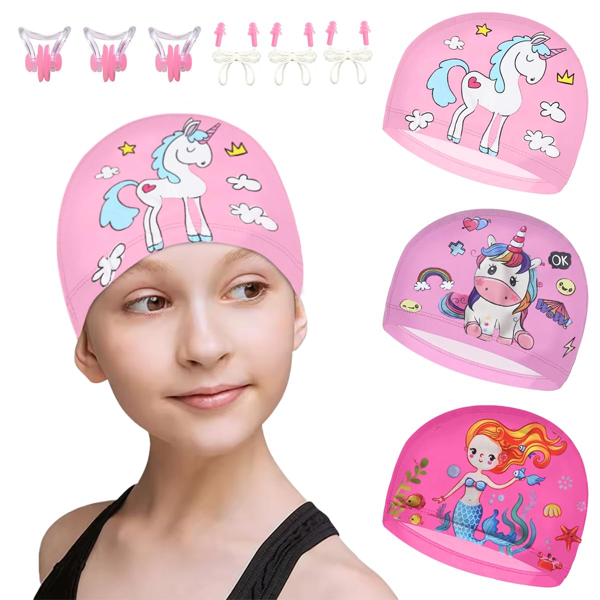 Gorro de Natación de Niños, 3 Piezas Gorro Piscina Niña, Gorro de Baño Impermeable con Tapones de Oídos y Pinza Nasal, Gorro de Natación de Poliéster Elástico para Niños Niñas de 3 a 8 Años