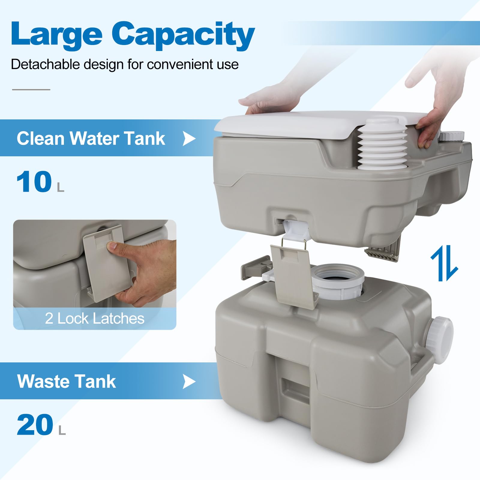 SOARS Toilette Portable Camping, WC Portable avec Pompe de Rinçage, Réservoir d'eau 20L + 10L, Charge 200 KG, Hauteur d'Assise 42 CM, Entonnoir Téléscopique, pour Camping, Voyage, Voiture, Gris