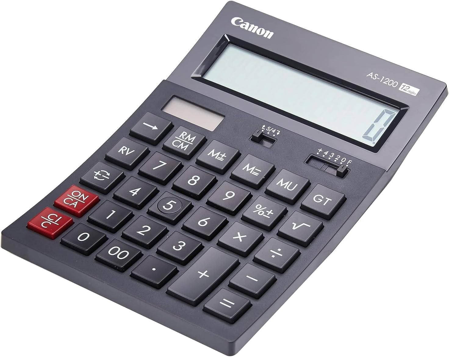Canon AS-1200 12-Digit Desktop Calculator, angled view showing solar panel