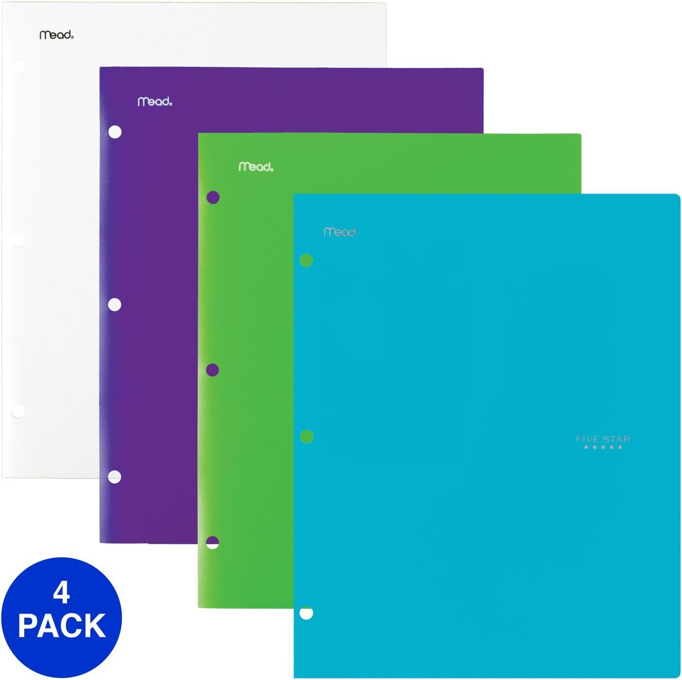 Five Star 4 Pocket Folders, Plastic, Folders with Pockets, Teal, White, Purple, Lime, 4 Pack (38076)