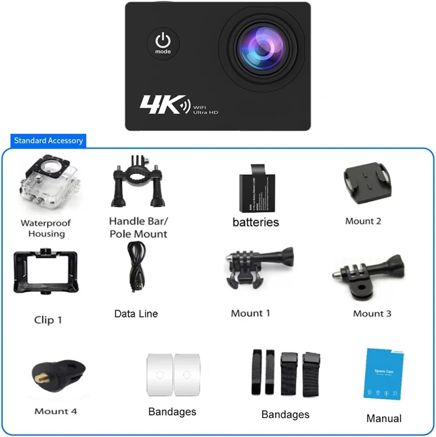 4K Action Camera Ultra HD 16MP WiFi 2.0 Inch Screen 170D DVR Webcam Underwater 30M Helmet Video Recording Sport Camera(NO Card)