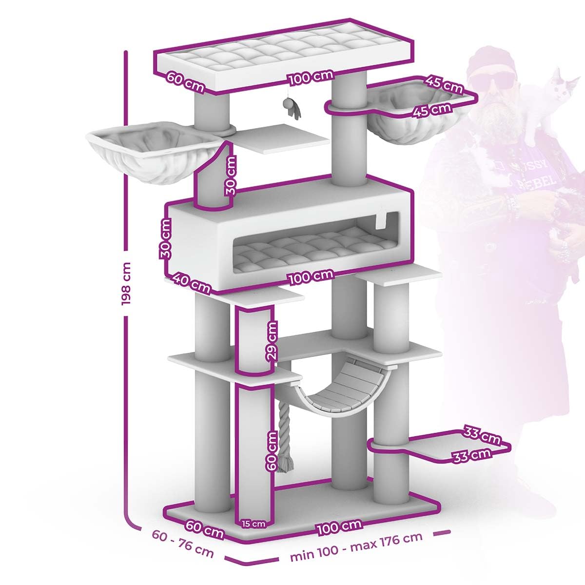 Petrebels XXL Kratzbaum Grosse Katzen Stabil Lookout 198 cm, Off-White | für Maine Coon & große Katzen, Ø 15 cm dicke Stämme, mit XL Hängematten, Schlafhöhle, Loungesofa & extra dicke Bodenplatte