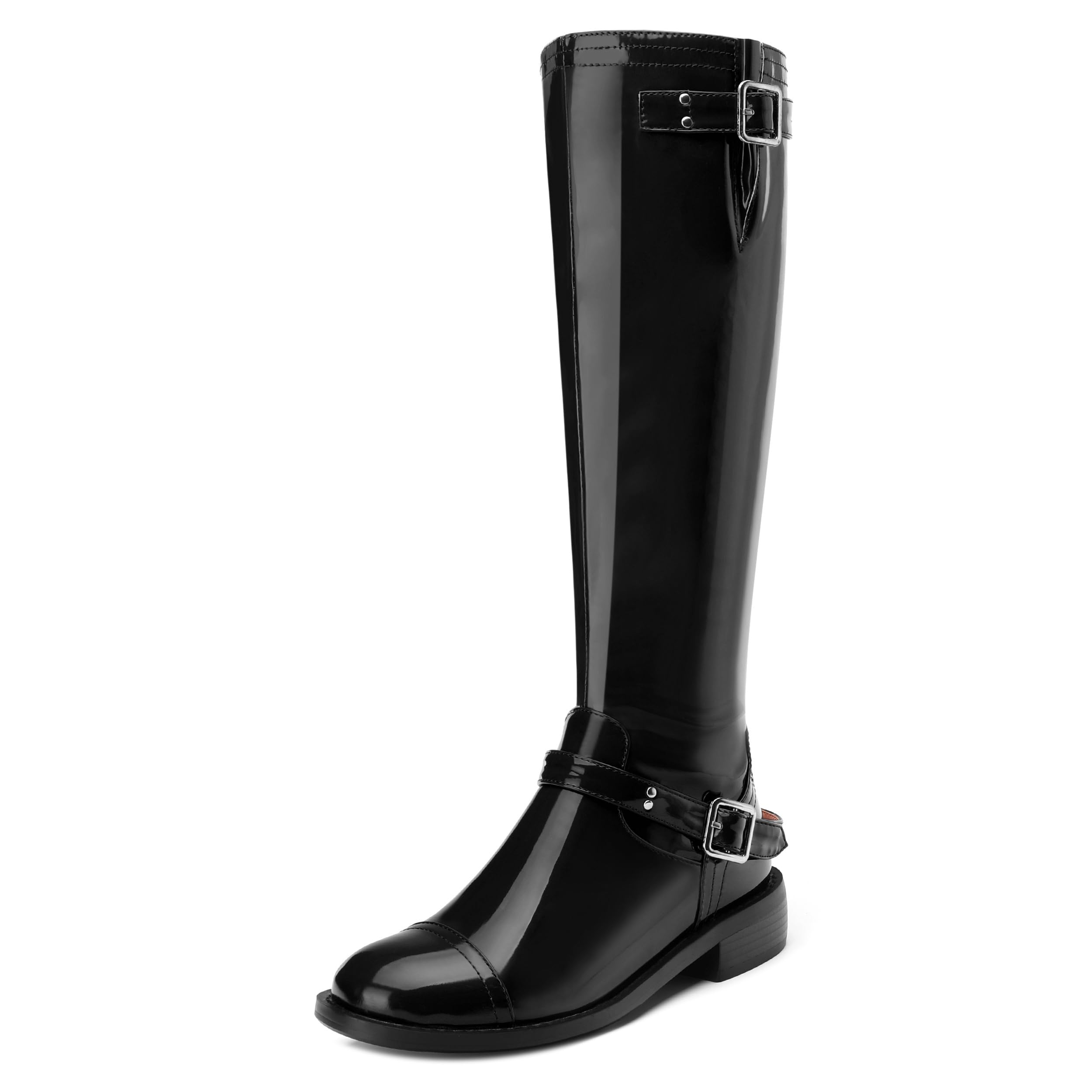 AMBELIGHT Flat Knee High Boots for Women Zipper Round Toe Patent Low Heel Wide Calf Long Boots Casual Fall Winter Tall Boots