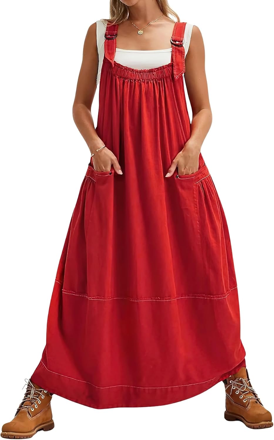 chouyatou Women's Cargo Overall Dress Sleeveless Adjustable Strap Safari Maxi Jumper Dress with Pockets