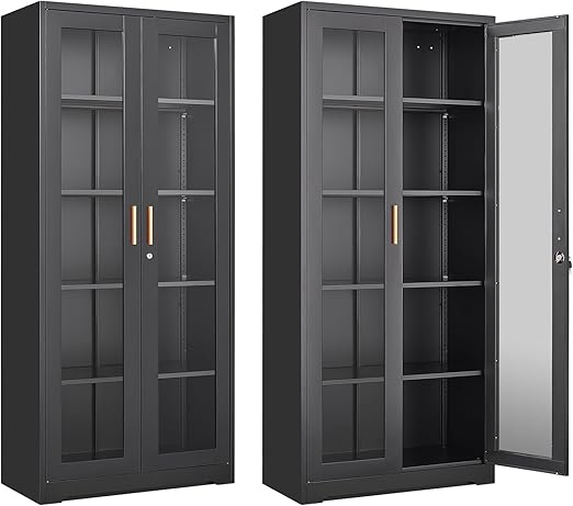 71" Glass Display Cabinet with Lock,Curio Cabinet with Glass Doors, Metal Display Case with 4 Adjustable Shelves, Black Bookcase Locking Storage Cabinets for Living Room, Kitchen，Commercial