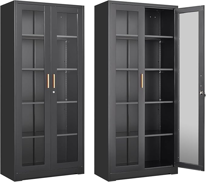 71" Glass Display Cabinet with Lock,Curio Cabinet with Glass Doors, Metal Display Case with 4 Adjustable Shelves, Black Bookcase Locking Storage Cabinets for Living Room, Kitchen，Commercial