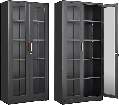 71" Glass Display Cabinet with Lock,Curio Cabinet with Glass Doors, Metal Display Case with 4 Adjustable Shelves, Black Bookcase Locking Storage Cabinets for Living Room, Kitchen，Commercial
