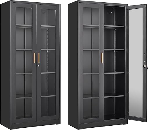 71" Glass Display Cabinet with Lock,Curio Cabinet with Glass Doors, Metal Display Case with 4 Adjustable Shelves, Black Bookcase Locking Storage Cabinets for Living Room, Kitchen，Commercial