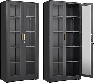 71" Glass Display Cabinet with Lock,Curio Cabinet with Glass Doors, Metal Display Case with 4 Adjustable Shelves, Black Bookcase Locking Storage Cabinets for Living Room, Kitchen，Commercial