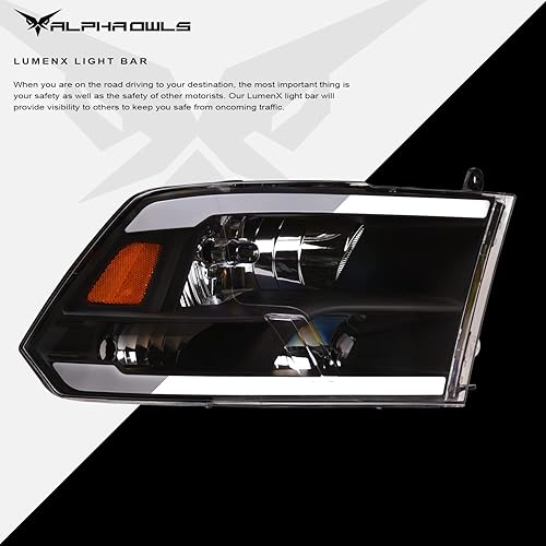 Miniatura 4 de Alpha Owls 8711880 Faros de Cristal con Barra de Luz LED Blanca - Negro Ámbar Compatible con Dodge Ram 1500 2500 3500 2009-20182019-2023 Modelos