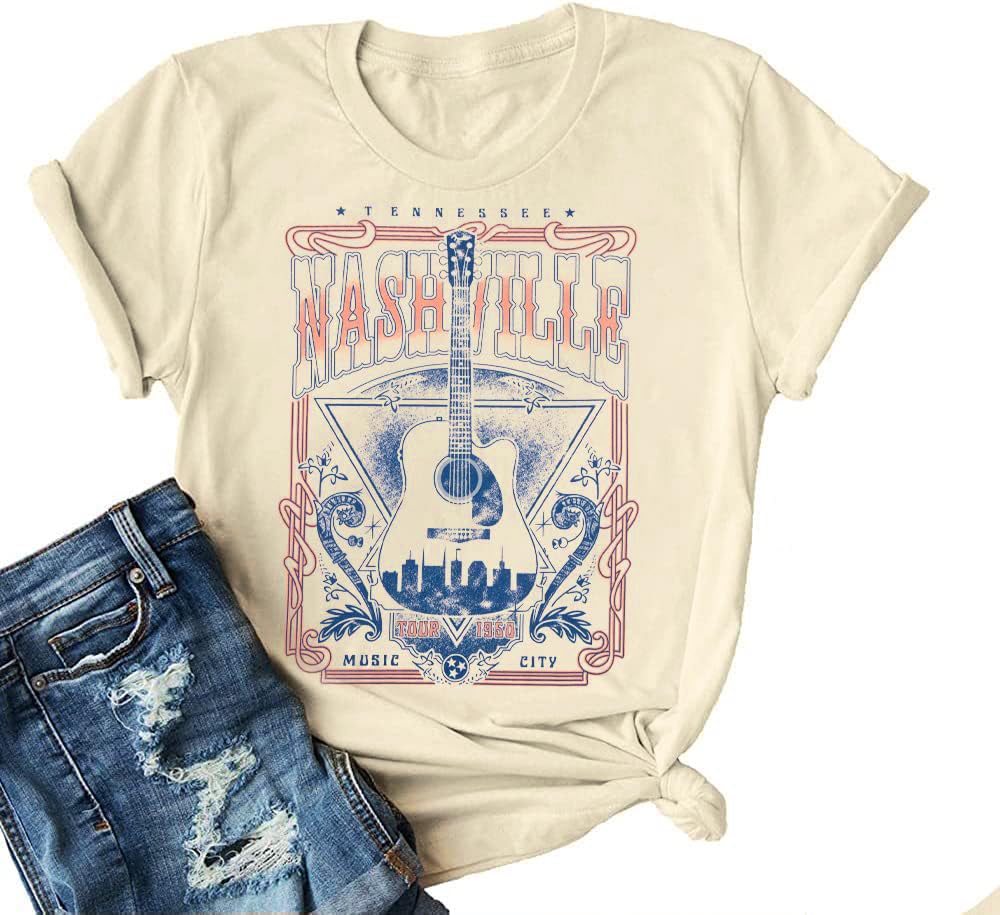 VILOVENashville Shirts for Women Tennessee Country Music Festival Tshirt Vintage Guitar Graphic Tees Rock and Roll Tennessee Tops
