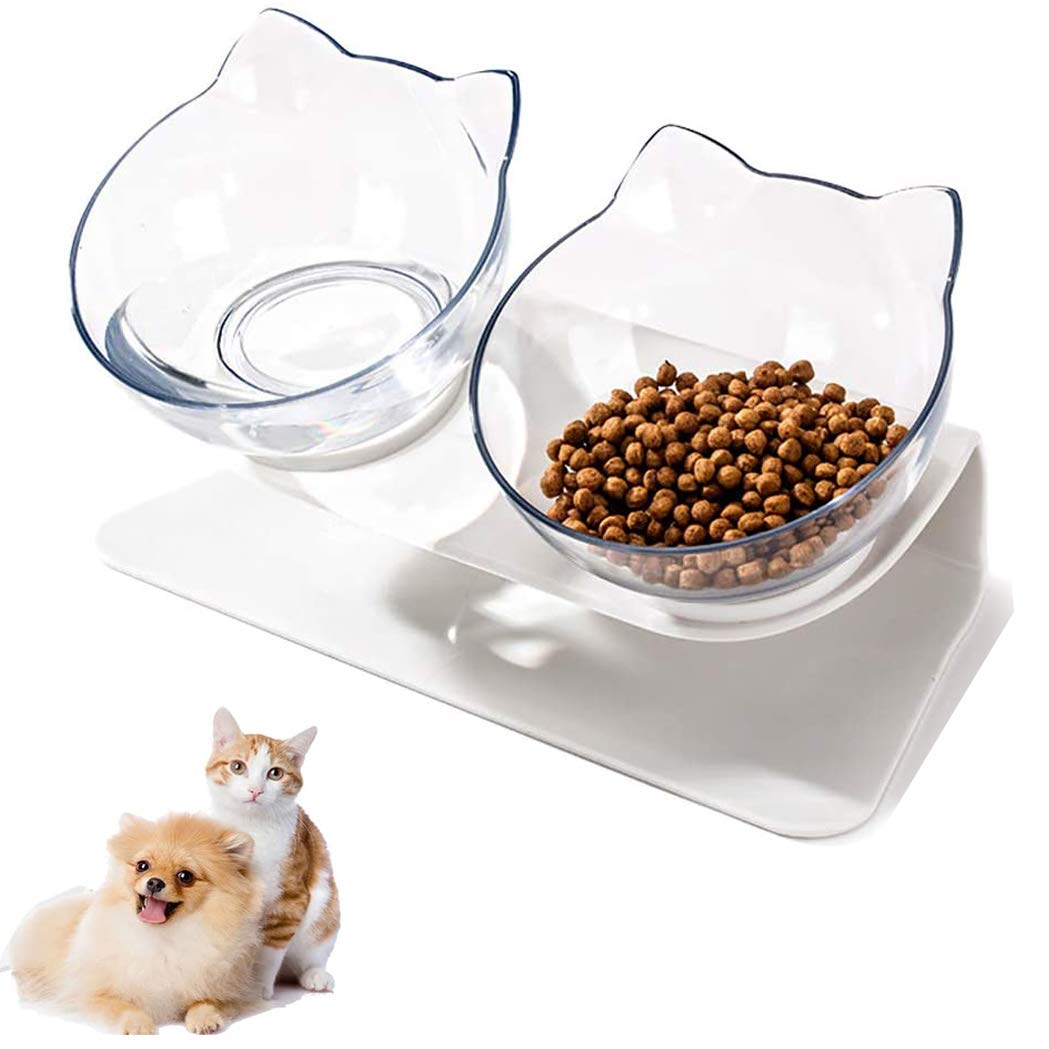 Linseray? Cat Bowl with Raised Stand, 15°Tilted Platform Cat Feeders Anti-Slip Transparent Cat Food and Water Bowl Detachable Pet Bowl for Cats and Small Dogs, White