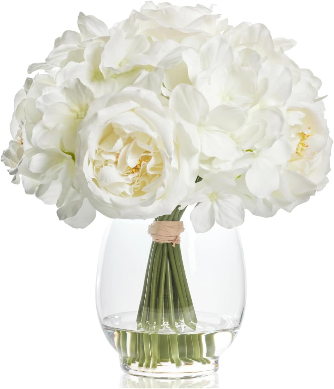 WELL KNOWN White Peonies Artificial Flowers with Hydrangea in Glass Vase with Fake Water, Fake Austin Rose Bouquet with Vase for Home Hotel Office Wedding Party Decor as Table Centerpieces & Gift